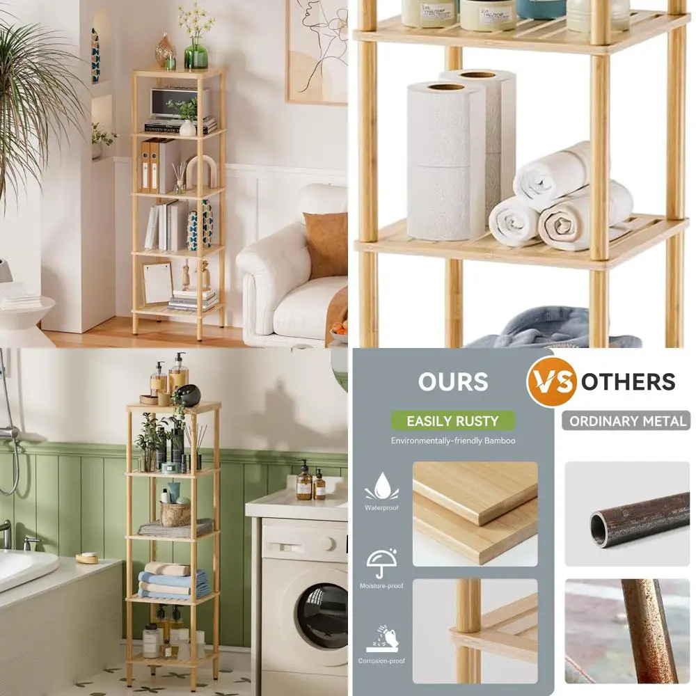 

5-уровневый бамбуковый стеллаж для ванной комнаты, гостиной и кухни — натуральное многоцелевое хранилище