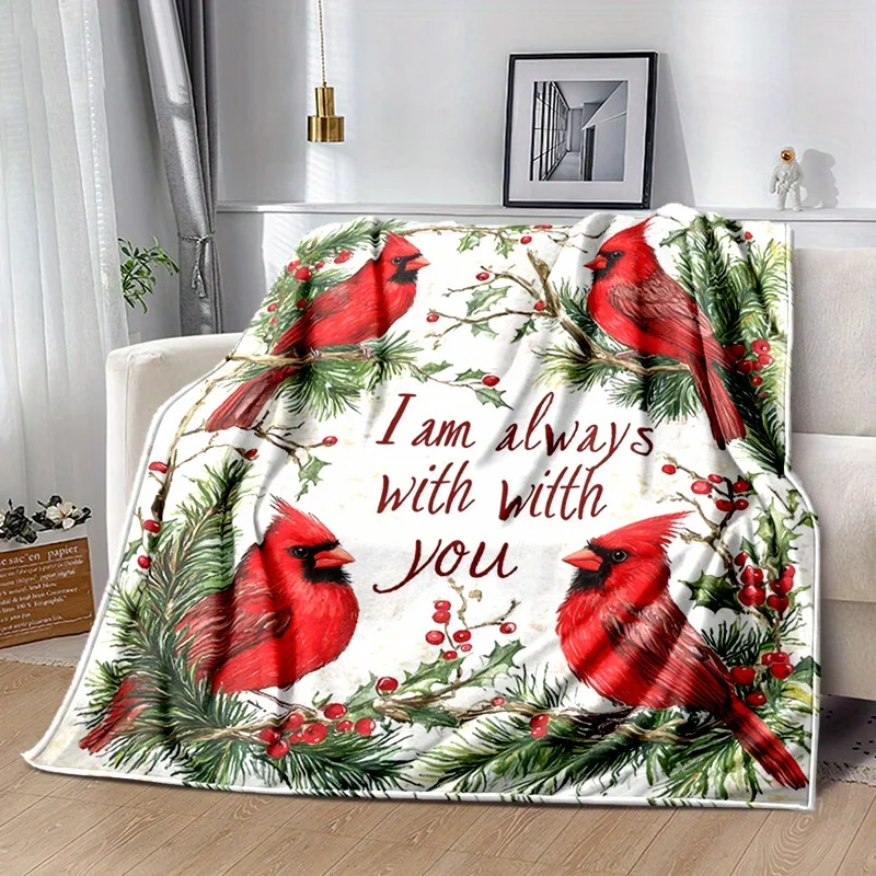 1pc Vintage Red Cardinal Birds & Berries Flannel Blanket - All Seasons Soft Polyester Throw with 