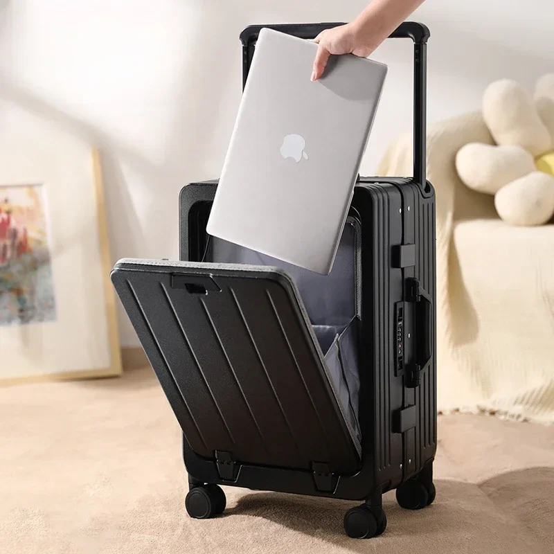 Trunk Trolley Suitcase Luggage Universal Wheels Front Open Business Travel Rechargeable Boarding Aluminum Frame Box