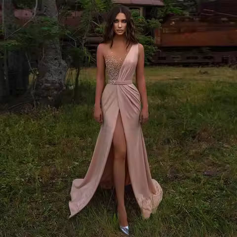 2025 Women's Long Chic Evening Dresses Satin A-line Celebrity Dress Strapless Pearls Valentine's Day Dress