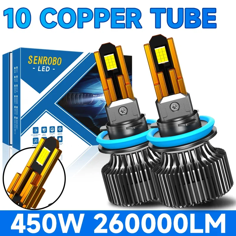 

Светодиодные лампы для фар 450W H4 H7 H1 H11 H8 9005 HB3 9006 HB4, 260000LM, 3570 CSP, Canbus, 10 медных трубок, автомобильные лампы, турбо-противотуманные фары, 6000K