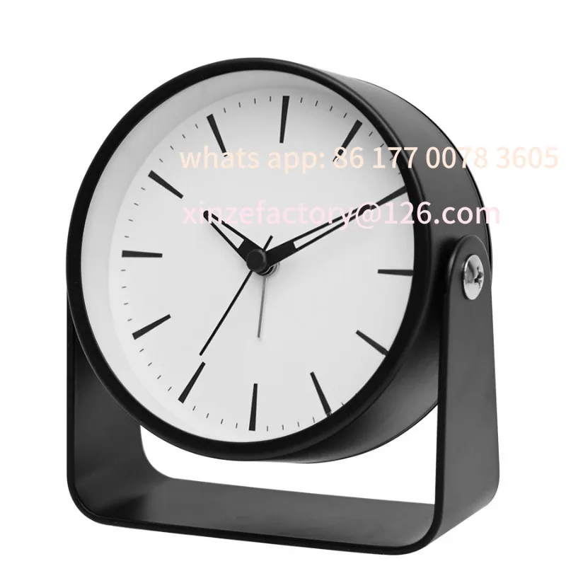 

Customizable 1pc4.5 inch metal rotating quartz alarm clock, simple desktop silent clock, suitable for home and office decoration