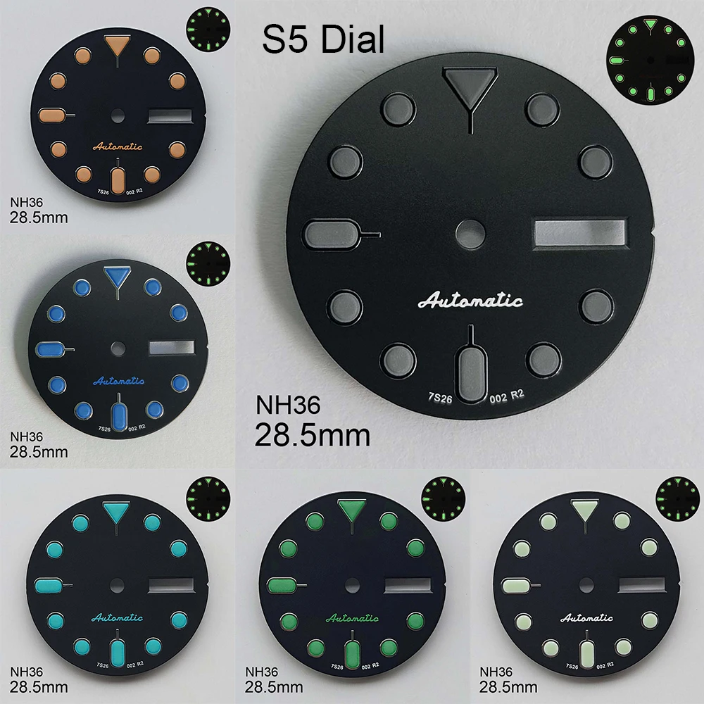 

28.5mm S5 Logo SKX007 Dial Suitable For NH36/4R36 Movement Green Luminous Dual Calendar Black Matte Dial Watch Accessories