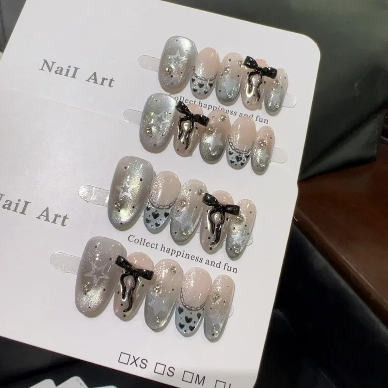 

Handmade False Nails Gradient Press on Nails Star 3D Bow Heart Decorations Fake Nail Self-nail Paste Nails with Box and Tools