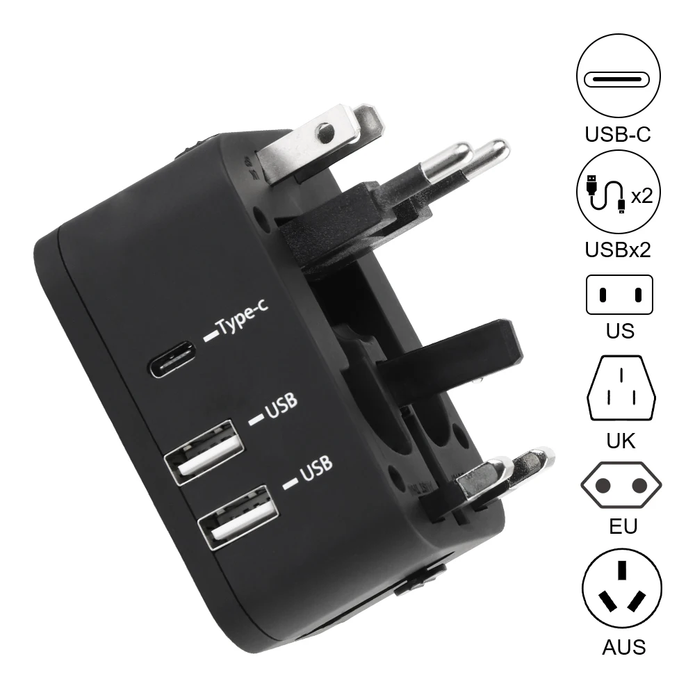 USA EU UK AUS Plug Travel Adapter with USB Charger 20W 6A Dual USB Port +Type-c Travel Conversion Plug Universal Wall Charger