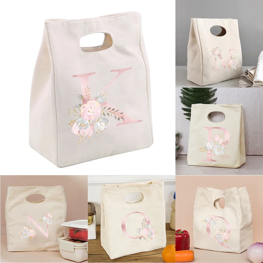 Women's Thermal Lunch Bag Diner Container Bento Box School Insulated Cooler Food Canvas Bags Pink Flower Letter Series Handbag