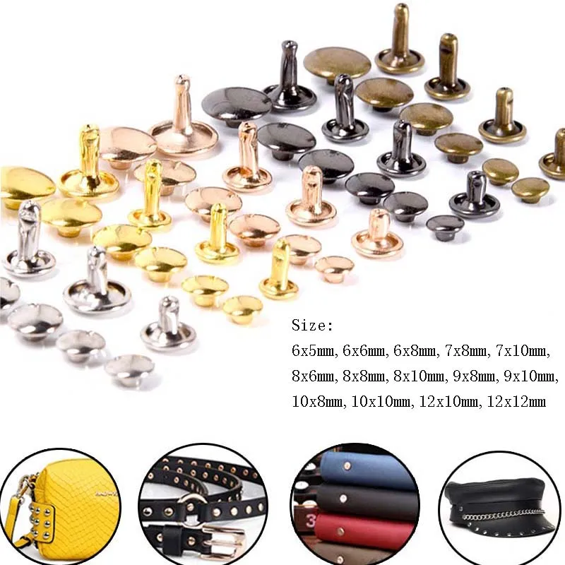 50Pcs 6-12mm Metal Double Cap Rivets Studs Round Rivet for Leather Craft Bag Belt Clothing Garment Shoes Pet Collar Decor