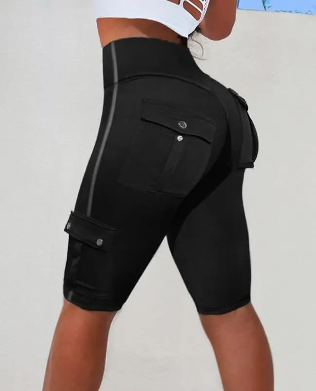 

Women's Sporty Trousers 2024 Spring Summer Latest Casual Contrast Paneled Pocket Design Knee-Length Skinny Daily Active Shorts