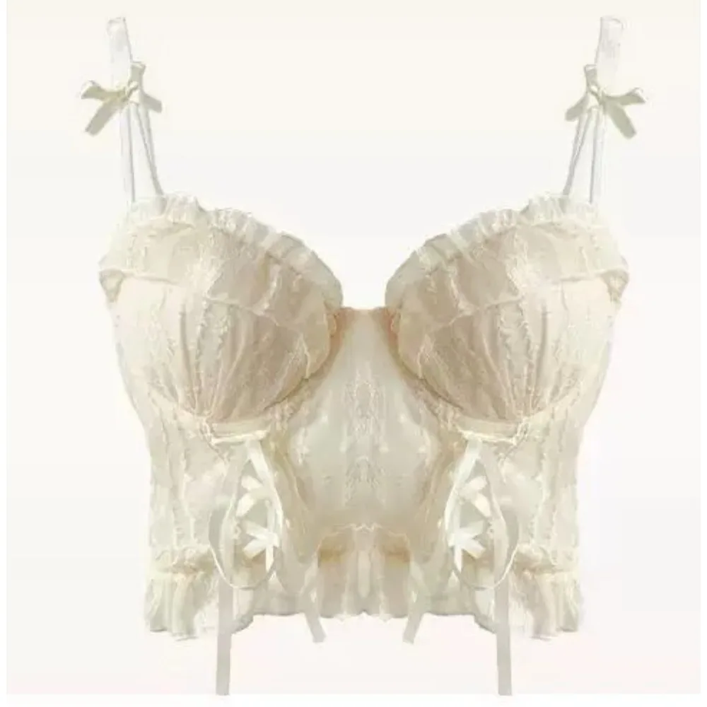BANERDANNI Women Sweet Lace Lingerie Set Small Bust Push Up Ruffle Mesh Cross Strap Bandage Sexy Pure Desire Bra Panty Kit 32‑38