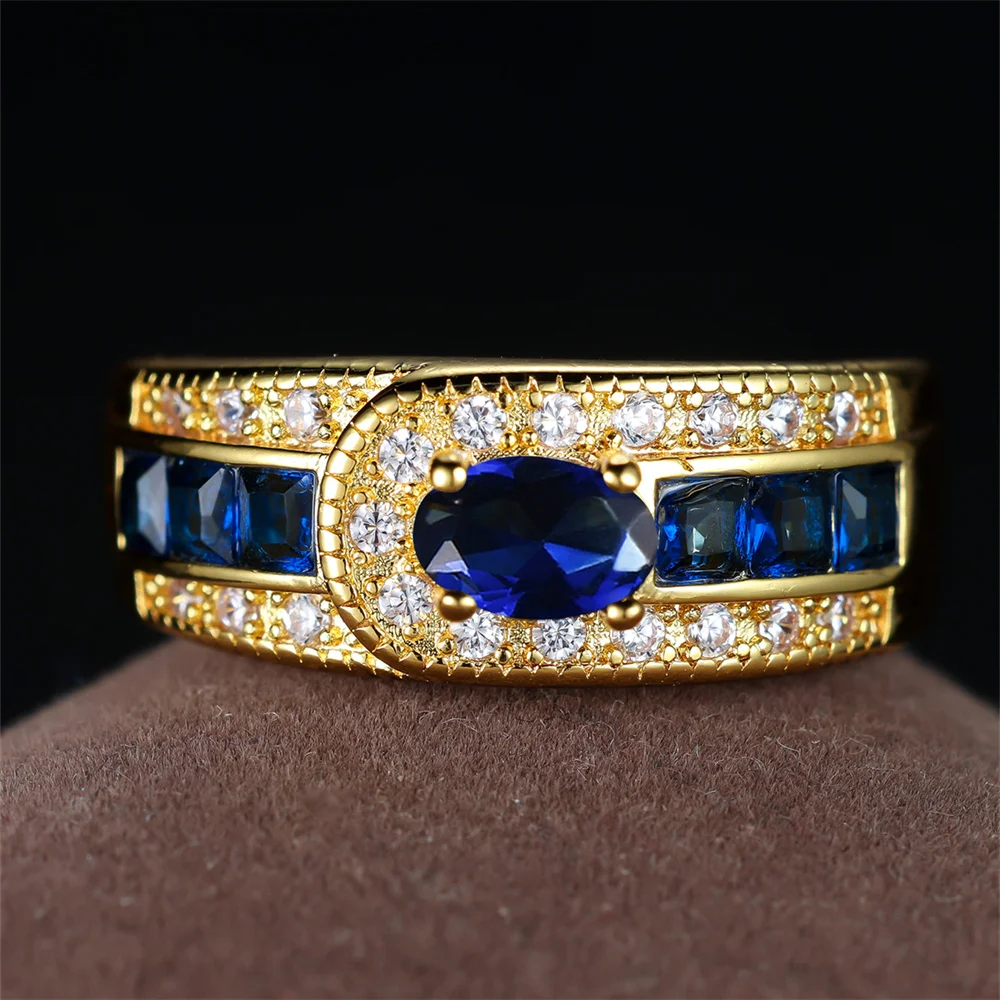 Blue Purple Crystal Oval Stone Ring Green Zircon Engagement Rings For Women Men Vintage Gold Color Wedding Bands Fashion Jewelry