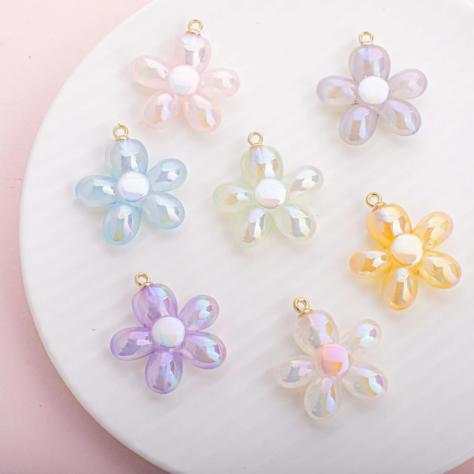 

60pcs 34*31mm AB Glitter Jelly Colors Spring Flower Acrylic Jewelry Necklace Pendants Ornament Accessory Material Earring Charms