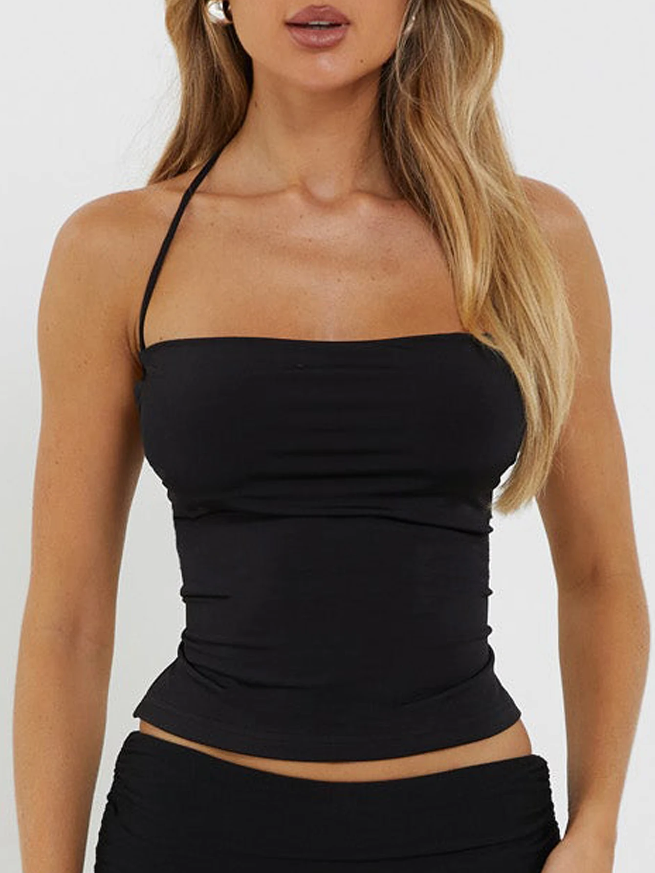 Women's neck strap, backless tank top, basic style, solid color, slim fit, sexy suspender top