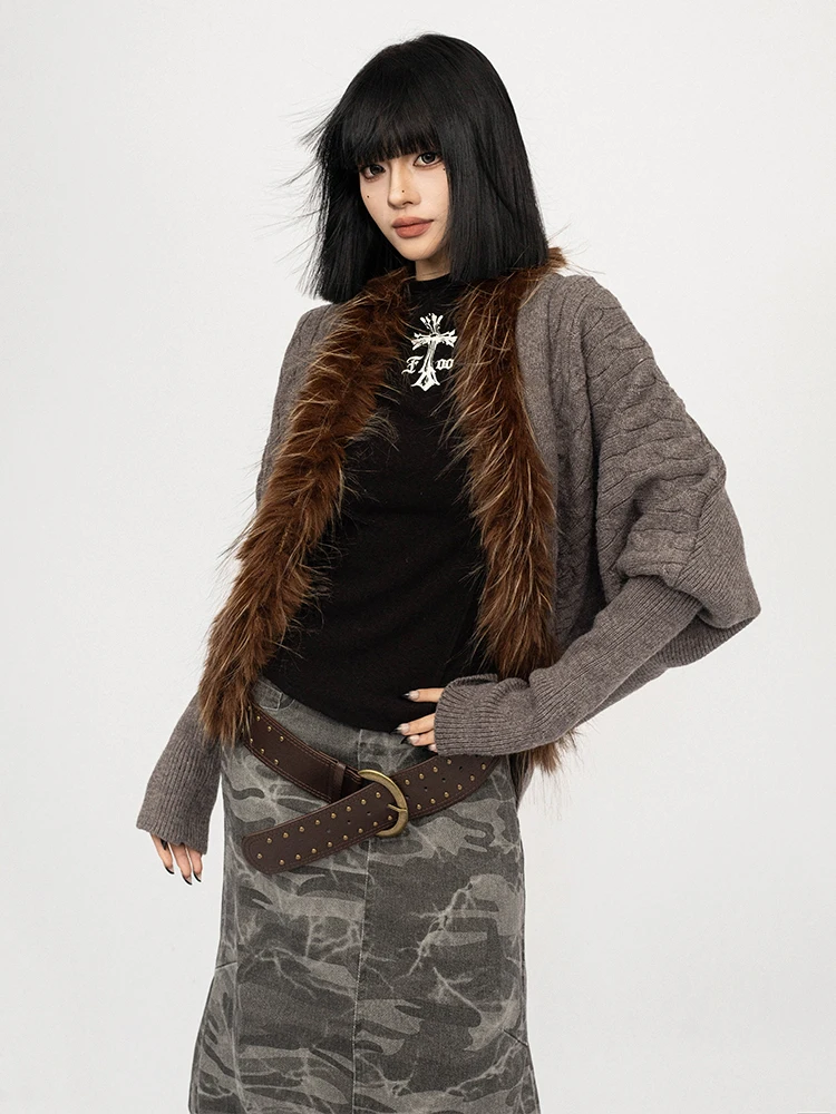 

Женский вязаный кардиган OCTTFLAB с рукавами «летучая мышь», свободного кроя, с меховым воротником, осенне-зимний, повседневный, из смесового полиэстера и нейлона