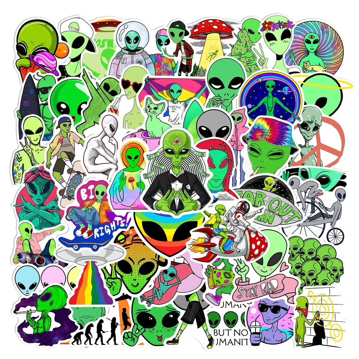 50 autocollants amusants de type extraterrestre pour scrapbooking, téléphone, ordinateur portable, moto, bagages, voiture, skateboard, casque, bouteille