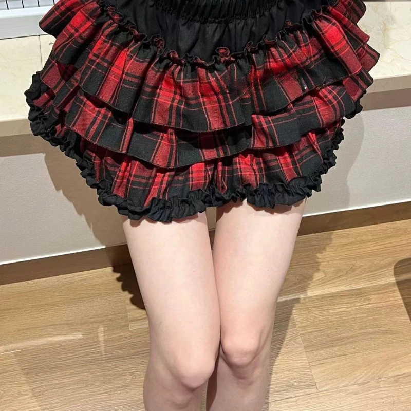Subculture Gothic Y2k High-waist Red Plaid Skirt Women High Street Vintage Lace New Cake Skirts Female Design Hot Girl Outfits