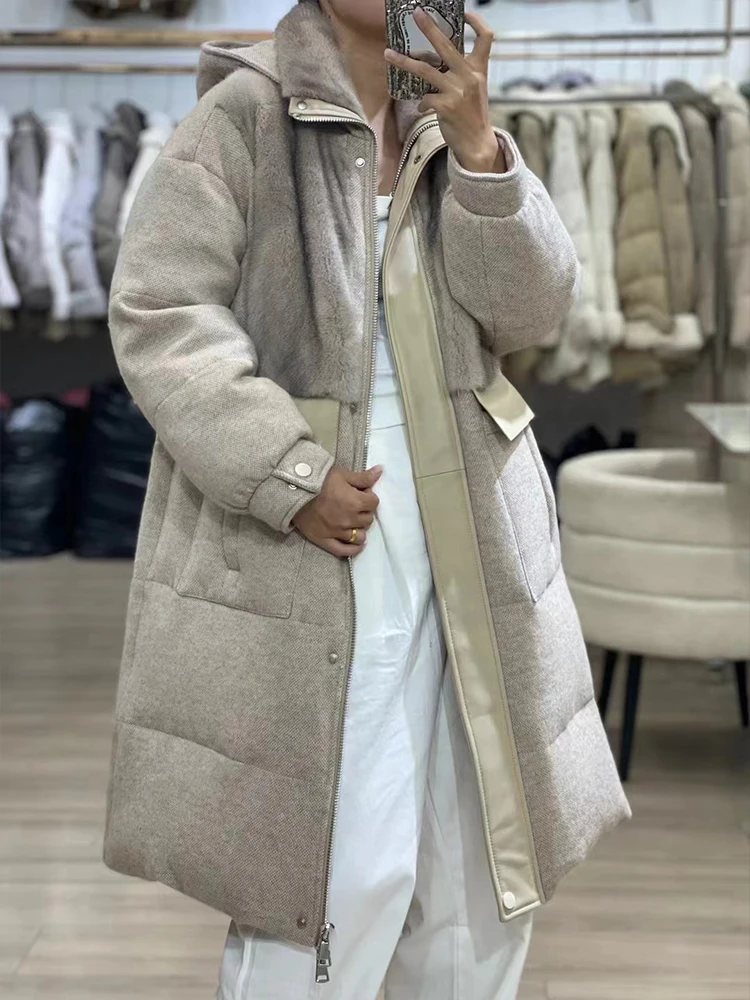 2024 Fashion Women Winter Cashmere Goose Down Jacket Natural Real Mink Fur Collar Long Thick Female Outwear Coat Puffer Jackets