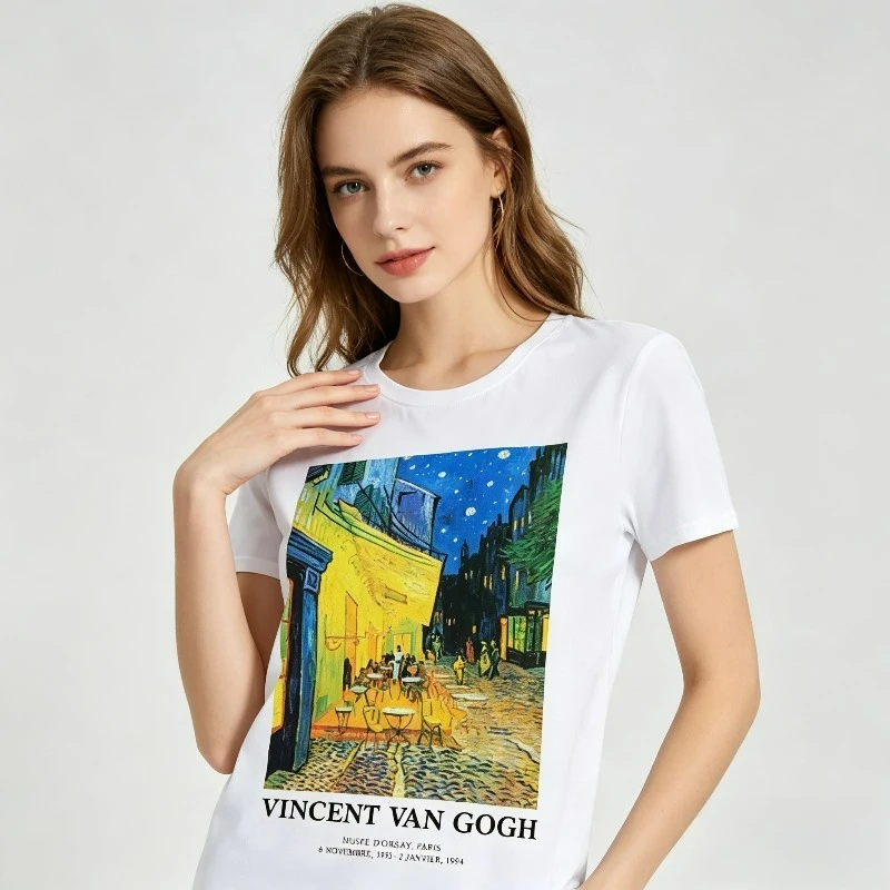 VINCENT VAN GOGH Cafe Terrace At Night Classic Art Graphic T-Shirt 100% Cotton Famous Painting Print Tee Women Casual Tops
