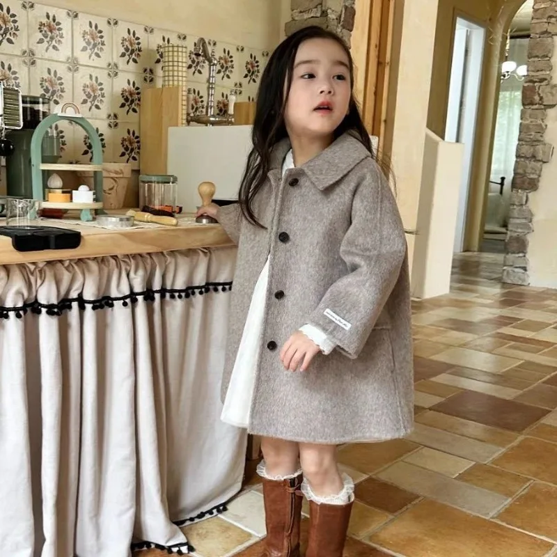 

Cashmere Wool Coat for Girls Ages 8-14 Korean Style Mid Length Winter Jacket Trendy Kids' Outerwear for Spring Fall Winter