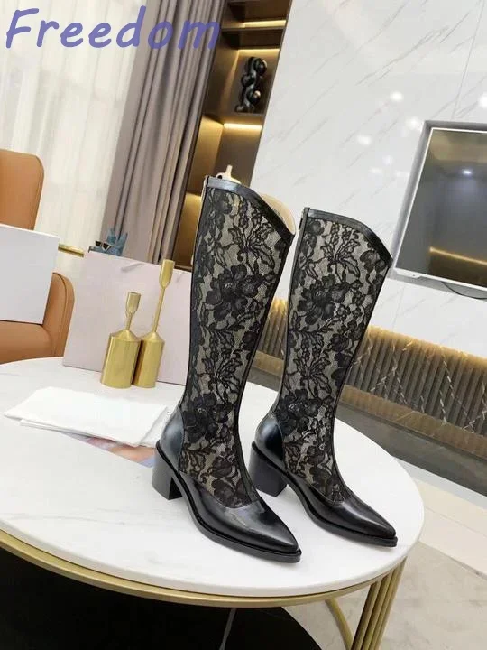 

Genuine Leather Printed Pointed Toe Black Mesh Sexy and Elegant Chunky Middle Heel Side Zipper Design Boots