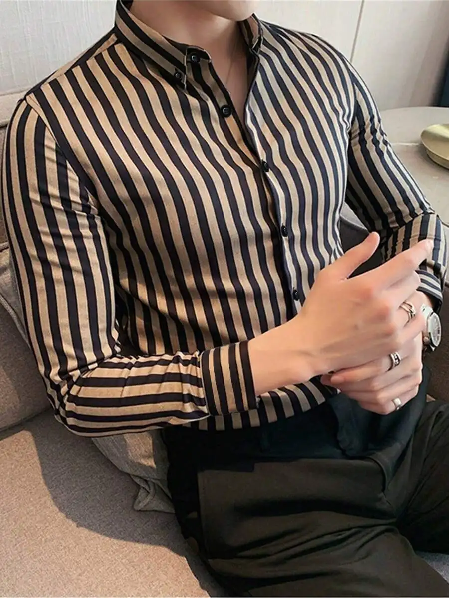 

Men's Vertical Stripe Long Sleeve Button-Down Shirt, Casual Fall Wear