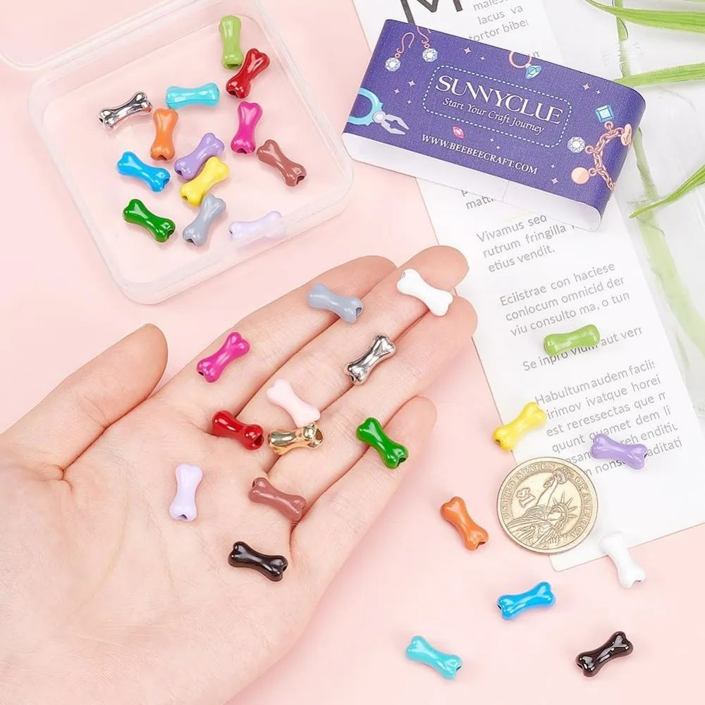 1박스 34개입 17색 뼈 모양 비즈 대량 뼈 모양 비즈 금속 합금 다채로운 애완동물 대형 구멍 강아지 뼈 모양 비즈