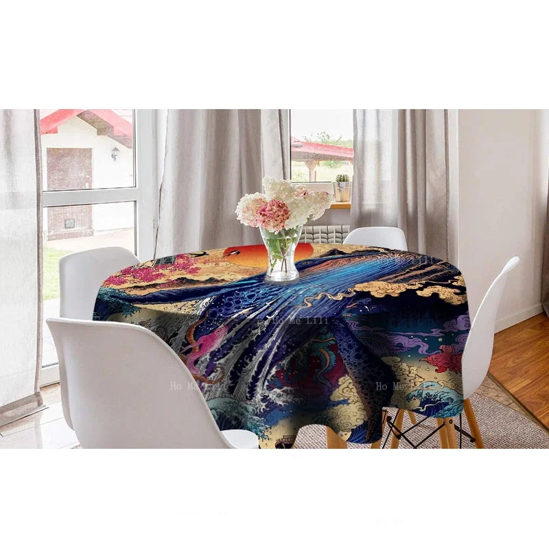 Scarlet Macaw Japanese Waves Starry Sky Misty Mood Night Natural Painting Colourful And Romantic Round Tablecloth By Ho Me Lili