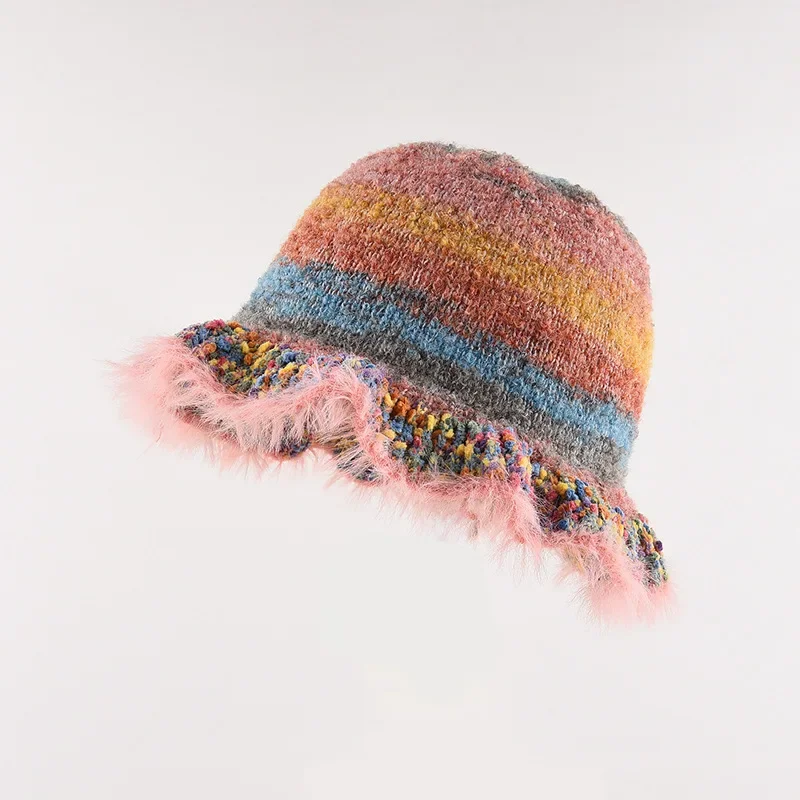 Gorro de pescador Retro de arcoíris para mujer, gorro de punto con protección para los oídos, cálido y grueso, para otoño e invierno, venta al por mayor