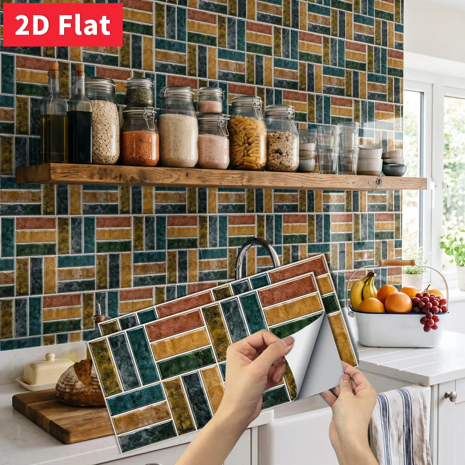 Retro Multicolor Mosaic Tile Sticker 11.81x5.91 inch Peel Stick HD Texture Glossy Kitchen Wall Decor