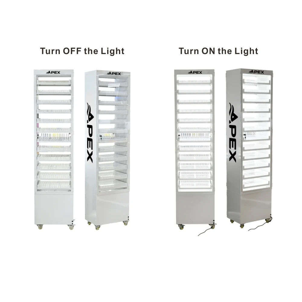 

APEX Smoke Shop Display Clear Acrylic Doors LED Light POS Display Stand Tobacco Kiosk Display With Pull-Out Shelves And Drawer