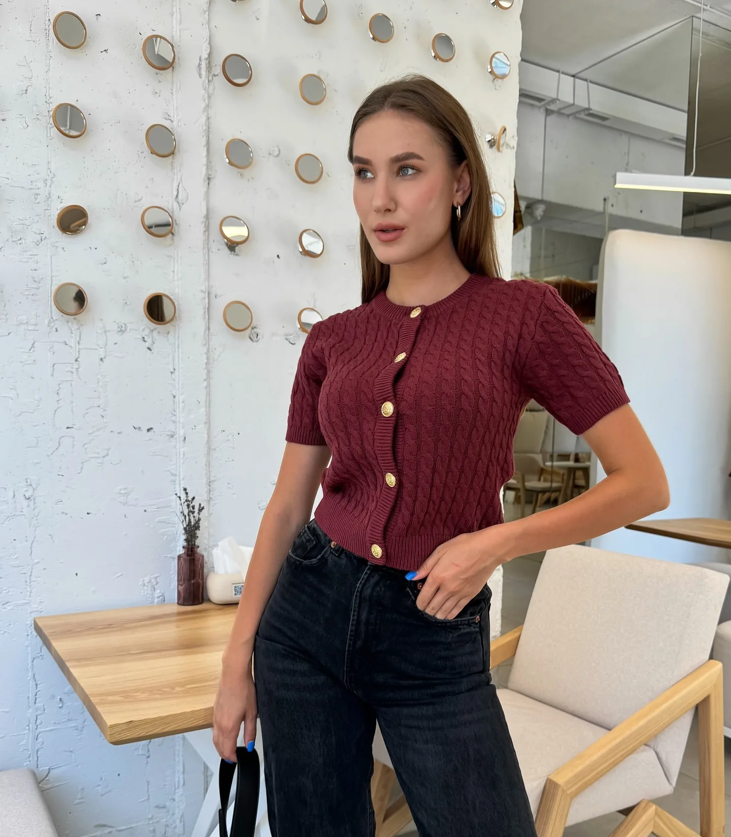 Solid Round Neck Cable Knit Cardigan Short Sleeve Front Metal Button Solid Color Cropped Slim Fit Women Knit Top 260701