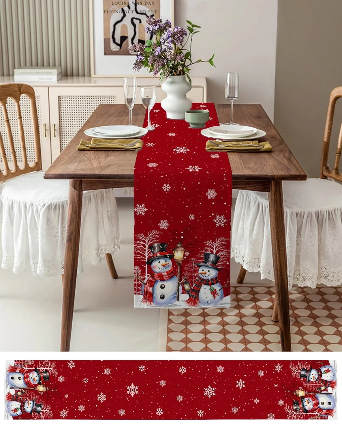 Christmas Snowman Branch Linen Table Runners Dresser Scarf Table Decor Winter Xmas Dining Table Runners Christmas Decorations