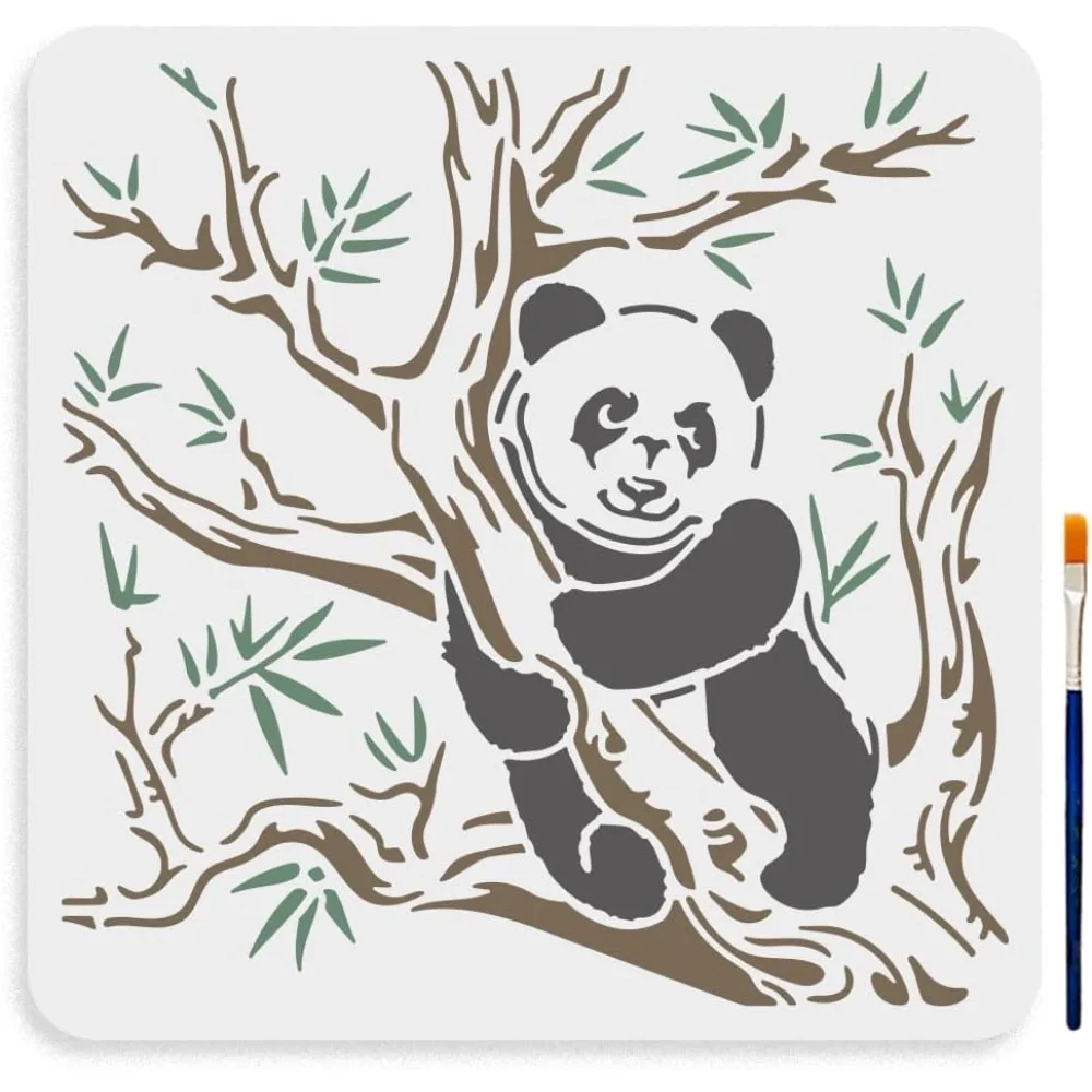 Panda Stencil 11.8×11.8inch Large Panda Sitting on Bamboo Tree Stencil Cute Animal Forest Drawing Template with Paint Brush