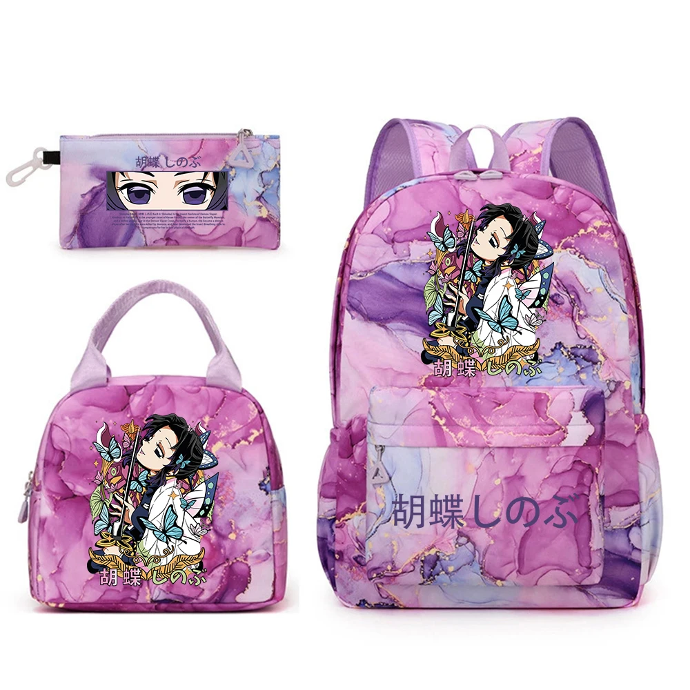 Kochou Shinobu Print School Backpack Set with Lunch Bag Pencil Case for Girls Kids Student Bookbag