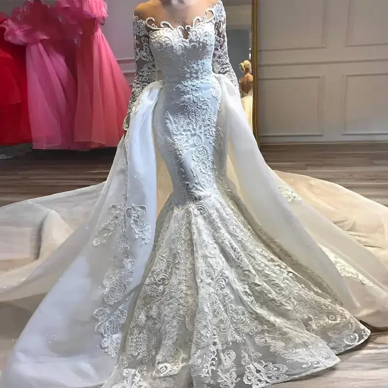 

Customized Appliques Mermaid Wedding Scoop Neck Long Sleeves Beaded Detachable Train Bridal Dress Vestido De Noiva