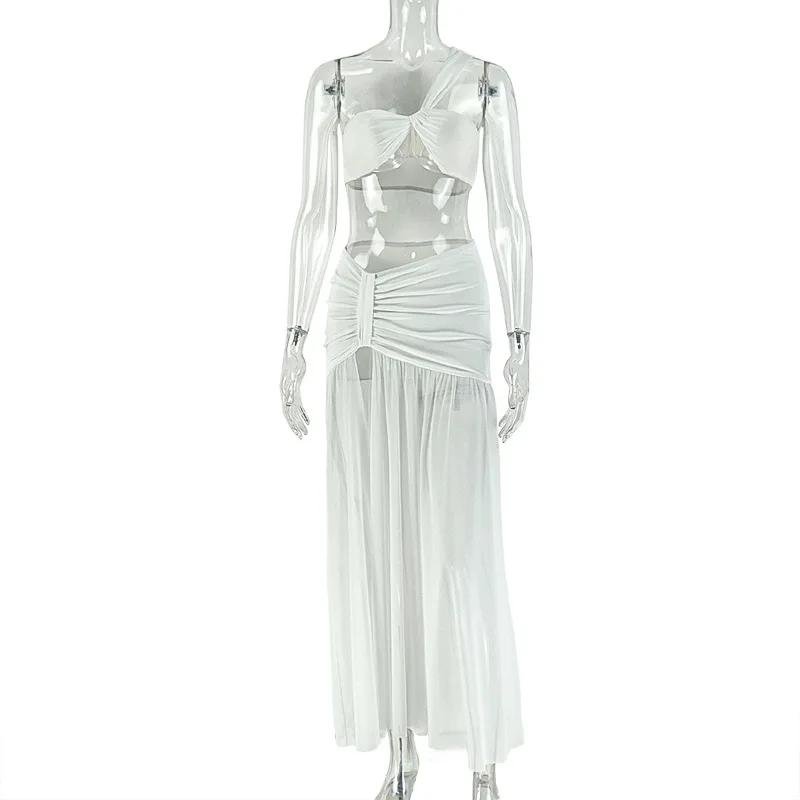 مثير أبيض أسود فستان الحفلة الراقصة 2 قطعة حمالة صدر علوية + تنورة سبليت بلا أكمام طويلة حفلة ثوب مسائي شاطئ بوهو رداء رسمي لعيد ميلاد الضيوف