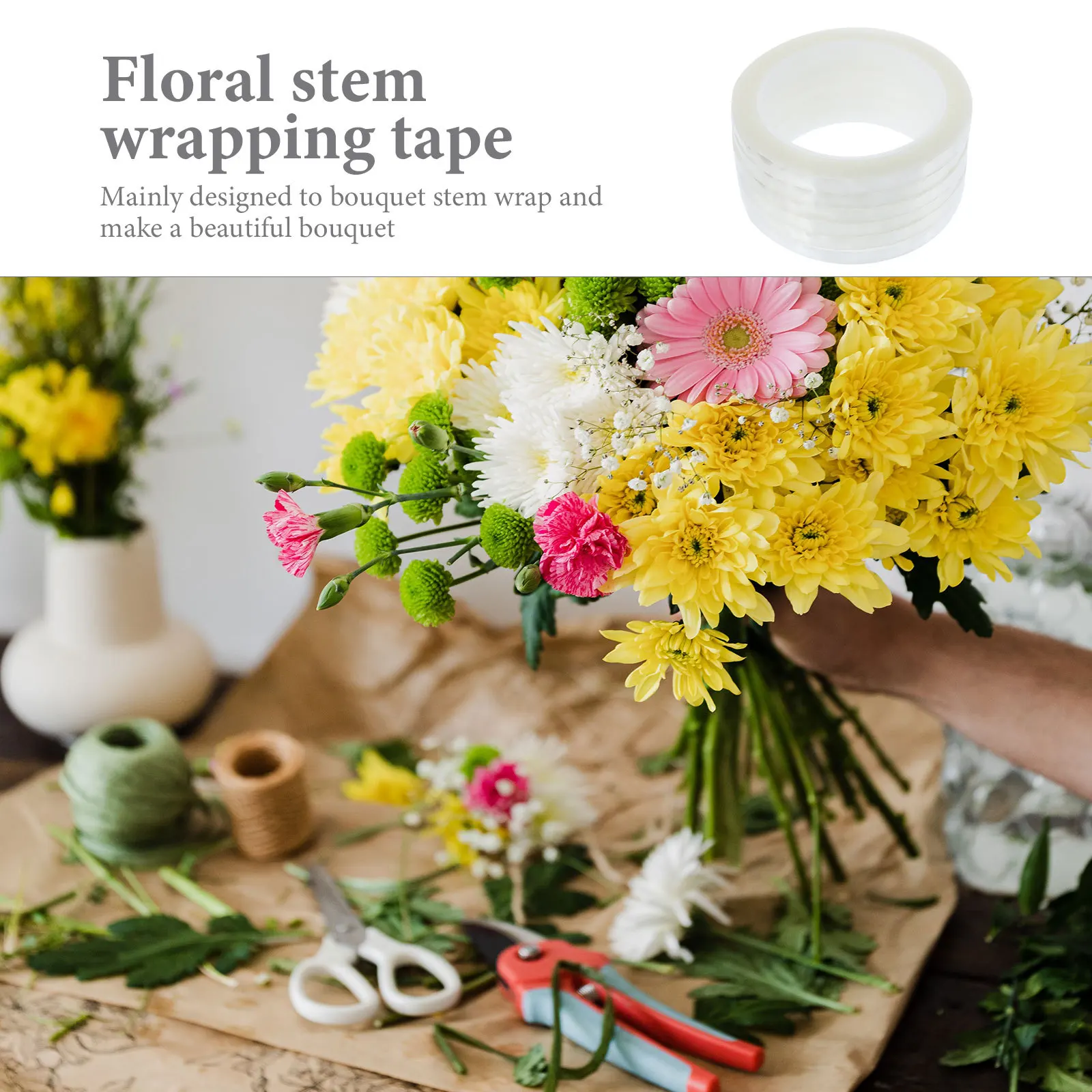6 ロール透明花テープ耐久性のある花茎ラッピングテープブーケアレンジメント用花屋クラフト用品