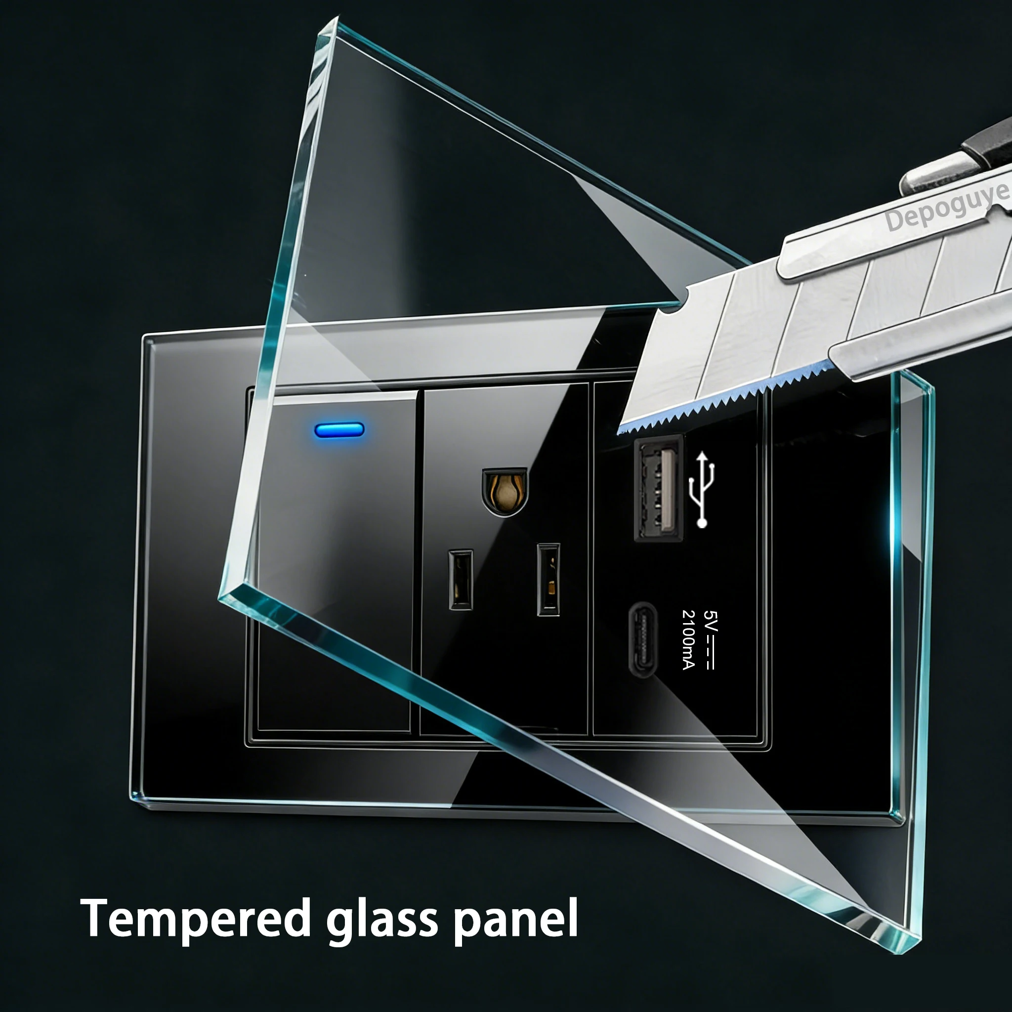 Picture 4: 118 Type Tempered Glass Panel Wall LED Switch US Thai Standard USB Type-C 20W Fast Charging Power Outlet Wall Universal Socket