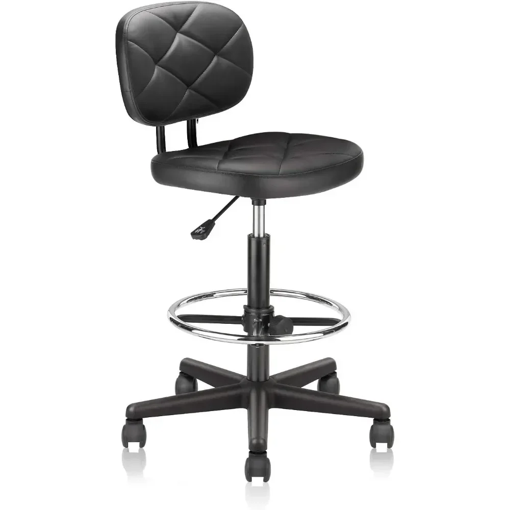 

Rolling bar stool with wheels and back, tall drafting stool with adjustable height and footrest, multi-purpose office desk chair