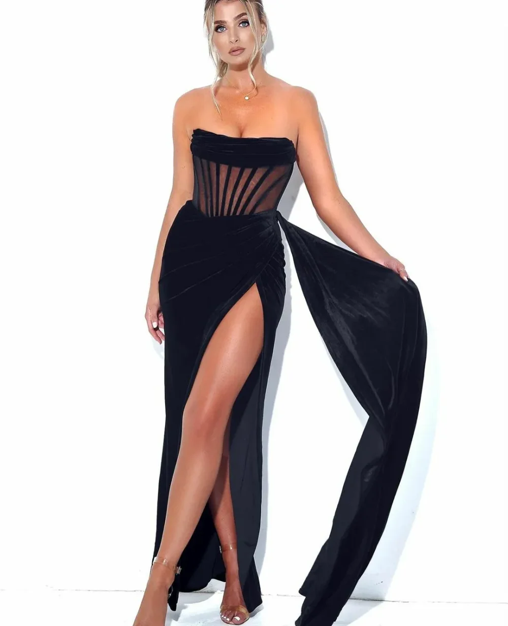 

Sexy Long Strapless Pleated Black Prom Dresses with Slit Sheath Evening Dress Floor Length for Women Formal Dress