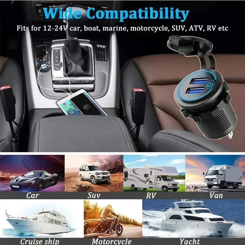 Car Quckly Charging Adapter 60W Dual QC 3.0 Dual USB Fast Car Charger Socket 12V/24V Waterproof with Switch Auto Power Outlet image 3