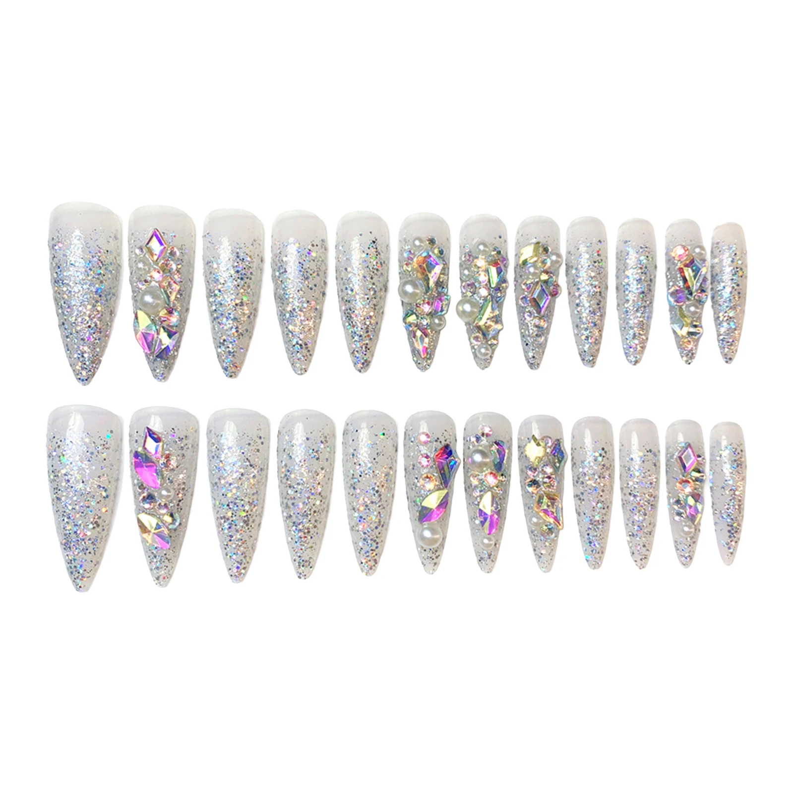 24 Stück Glitzernde Strass-Press-On-Nägel, luxuriöse, glänzende Pailletten-Designs, künstliche Nägel, lange Stiletto-Nägel, Braut-Hochzeits-Kunstnägel – Detail 3