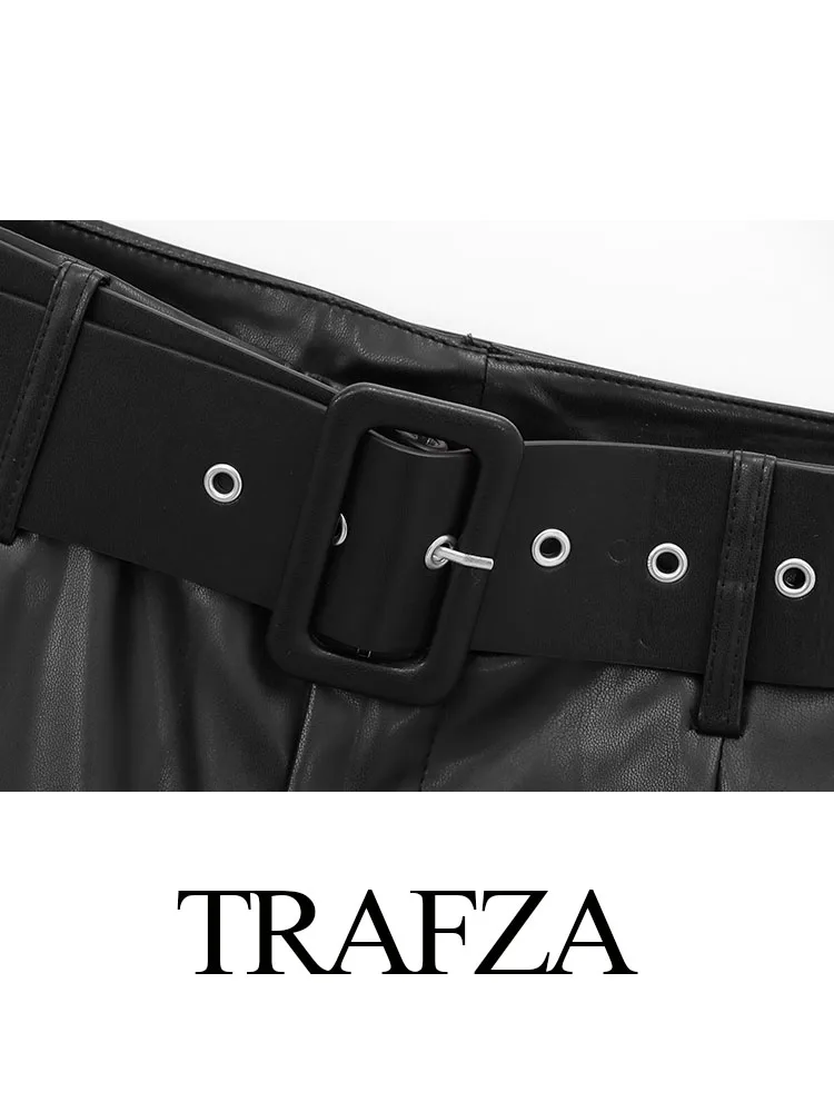 TRAFZA Women's 2025 New Fashion Simple Versatile High Waist Belted Leather Pants Female Elegant Temperament Slim Casual Trousers