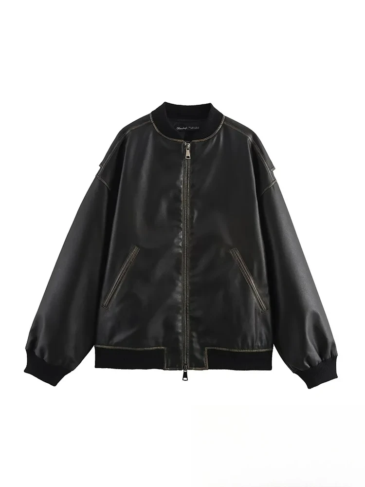 

KONDALA винтажные повседневные шикарные однотонные куртки-бомберы с воротником-стойкой и длинными рукавами, новая мода, осень-зима 2025 года, кожаная верхняя одежда