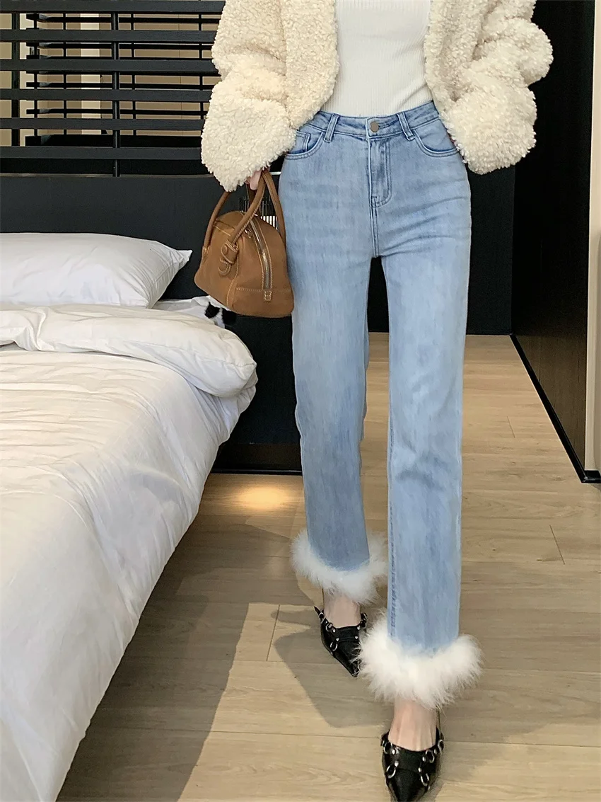 Alien Kitty Light Blue Jeans Women Patchwork Feather Autumn Slim Chic New Arrival Straight Office Lady High Street Gentle Denim