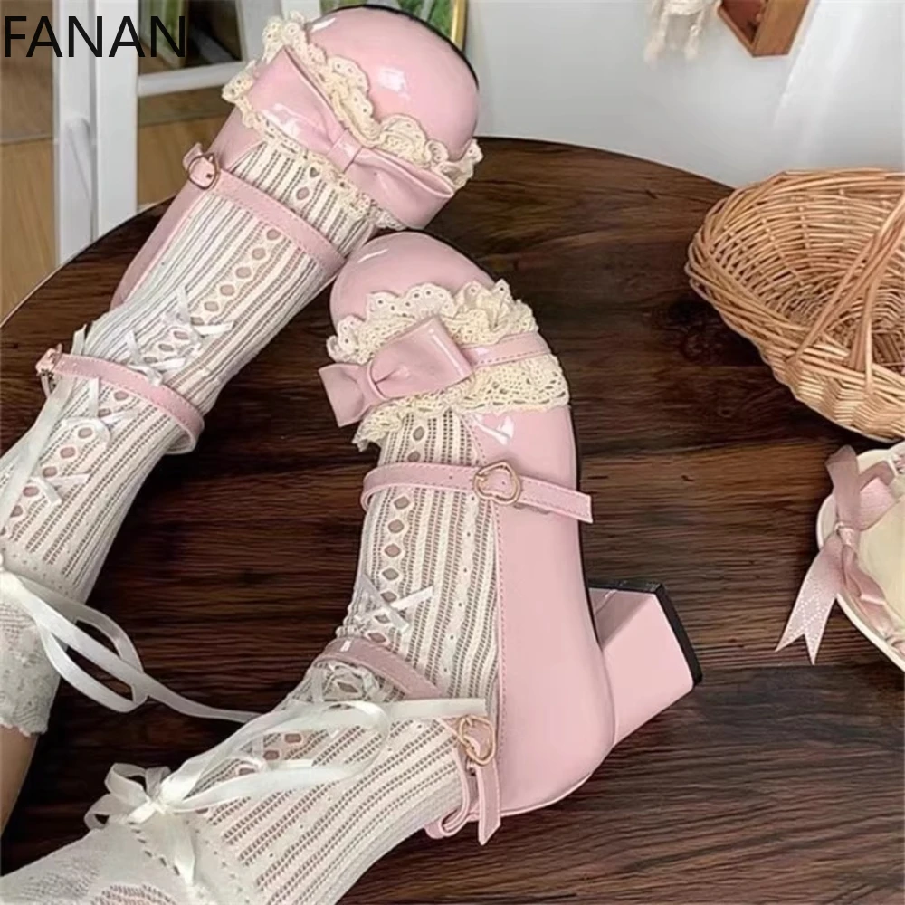 

2025 New Kawaii Low Heel Shoes Women's Cute Mary Jane Platform Flats Shoes Lace Princess White Waterproof Pumps