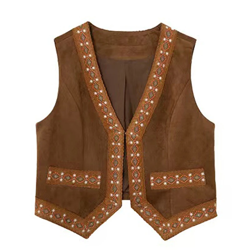 Women\'s Ethnic Style Embroidered Layered Sleeveless Suede Vests Jackets Autumn V-neck Sleeveless Out Wear Layered Waistcoat Tops