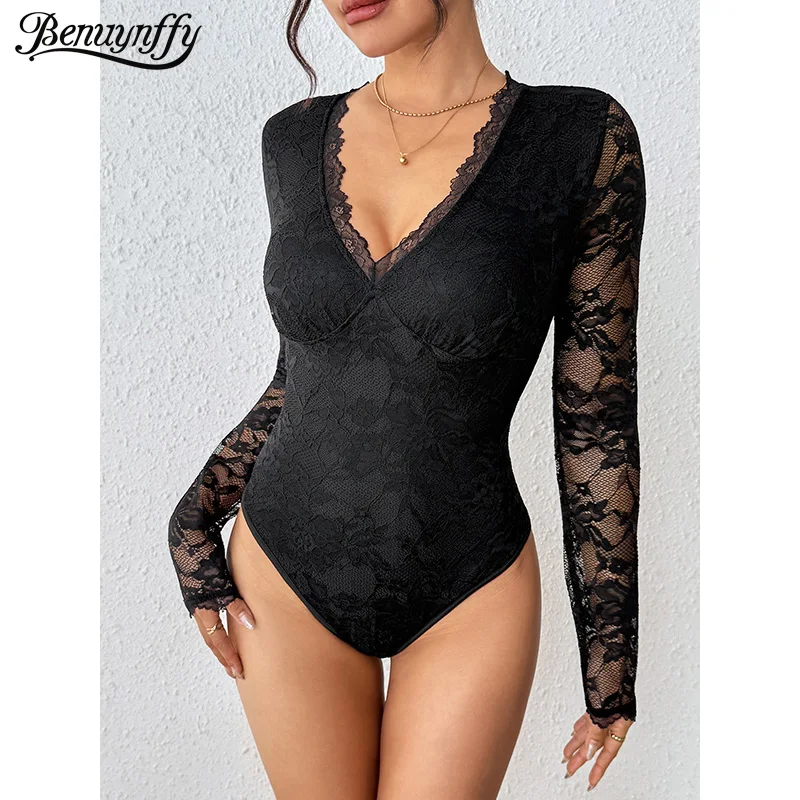 

Benuynffy Sexy Tie Backless Bodysuit Women's Club Party Elegant Streetwear Outfits Black V-neck Long Sleeve Body Tops Clubwear