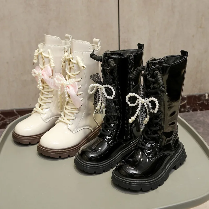 Girl's Winter Boots Knee-high Zip Children Fashion Bow Boot Zipper Black White 26-37patent Leather Stylish All-match Kids Shoes
