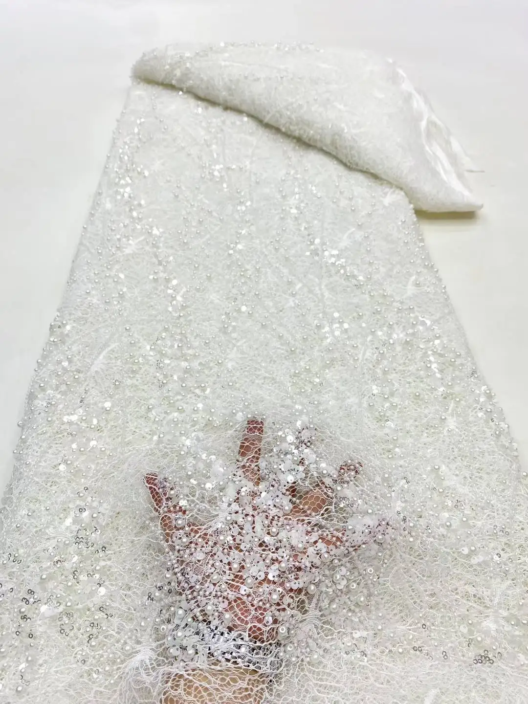 

High Quality African red Handmade Beaded Lace Fabirc 2025 Sewing sequins Embroidery Nigreian Lace Fabric Women Wedding Dress