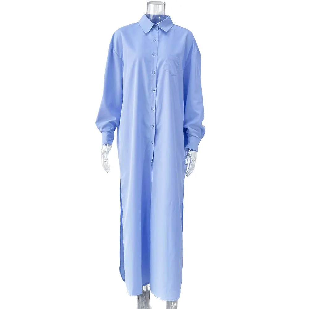 เดรสเชิ้ตผู้หญิงทรงหลวมสไตล์ลำลอง แฟชั่นปี 2025 แขนยาว ความยาวระดับข้อเท้า ดีไซน์เรียบหรู ผ่าข้าง